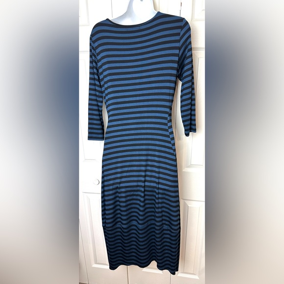 New COMFY USA Kati Dress Midi Jersey Knit Blue Black Striped 3/4 Sleeve Soft - Picture 6 of 10